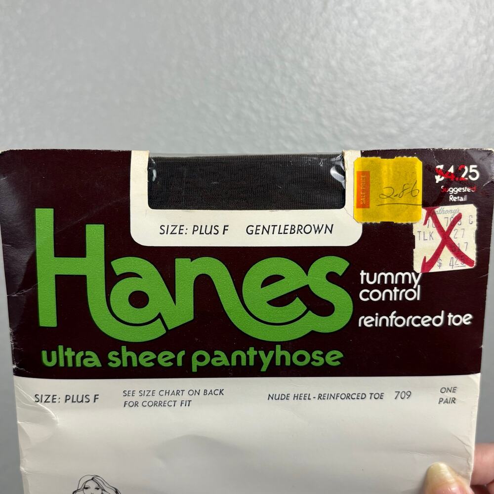 Vintage 80s Hanes Ultra Sheer Pantyhose Size Plus F Brown Tights Reinforced Toes - Picture 2 of 4